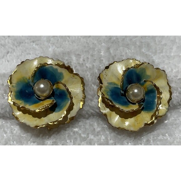 VTG Sandor Cream/Blue Enamel Gold Tone Faux Pearl Flower Earrings Coquette Boho - Picture 1 of 7